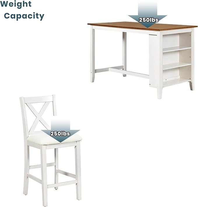 Farmhouse Style Counter Height Rustic wit 4 Chairs, Long-Lasting Solid Rubber Wooden Bar, Easy Assembly, Room, Kitchen, 5 Piece Dining Table Set, White 20 - LeafyLoom