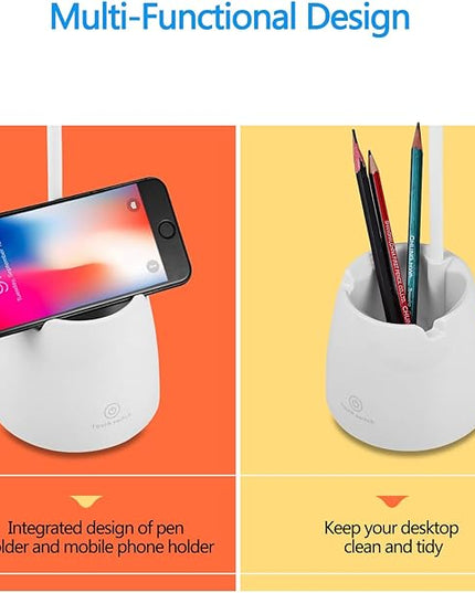 Small Desk Lamp, Kids Desk Lamp with Pen Holder & Mobile Phone Stand, 3 Lighting Modes for Reading Kids Dorm& Mobile Phone Stand for Reading Dorm Home Office (White) - LeafyLoom