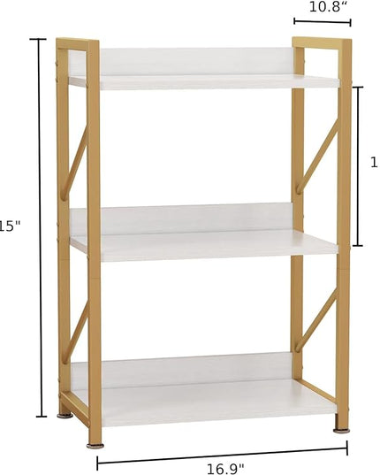 Small Bookshelf for Small Spaces, 3 Tier Bookcase, Narrow Gold Book Shelf, Small Shelf Open Display Rack for Bedroom, Living Room, Home Office,White&Gold - LeafyLoom