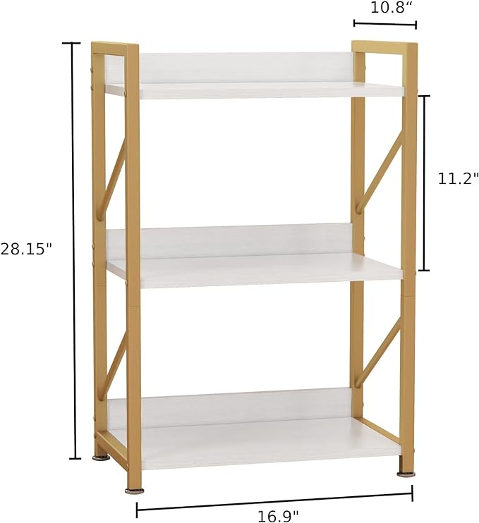 Small Bookshelf for Small Spaces, 3 Tier Bookcase, Narrow Gold Book Shelf, Small Shelf Open Display Rack for Bedroom, Living Room, Home Office,White&Gold - LeafyLoom