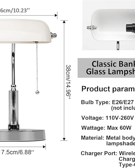 FIRVRE Bankers Lamp, White Glass Desk Lamp with Wireless Charger and 2USB Charging Port,Pull Chain Switch Lamp with Metal Base,Modern Reading Table lamp for Home Office, Piano, Library - LeafyLoom