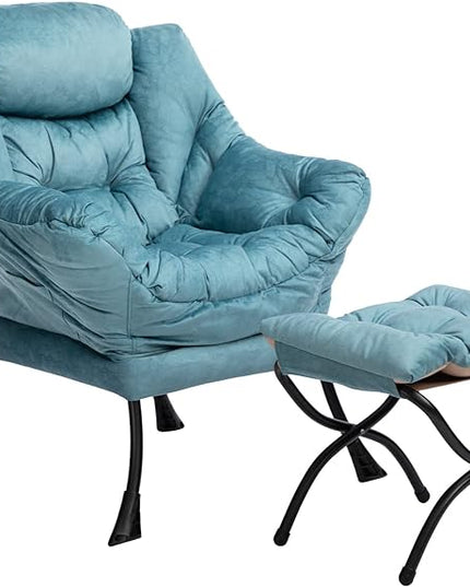 HollyHOME Fabric Lazy Chair with Foldable Ottoman, Accent Comfy Lounge Arm Chair and Folding Footrest Stool Set, Leisure Sofa Reading Chair and Footstool for Living Room, Bedroom, Dorm, Blue - LeafyLoom