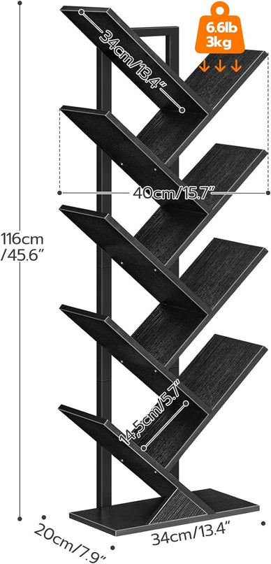 HOOBRO Tree Bookshelf, 9-Tier Bookcase Wooden Shelves, Floor Standing Storage Rack, for Display of CDs, Books in Living Room, Home Office, Wood Storage Rack for Bedroom, Black BB08SJ01G1 - LeafyLoom