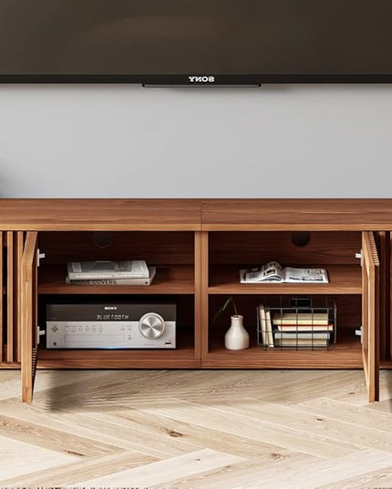 POVISON Wood TV Stand, 118” Extra-large Entertainment Center for 100 inch TV, Modern Living Room Media Console with Storage, Farmhouse Slatted Solid Ash Low Cabinets - LeafyLoom