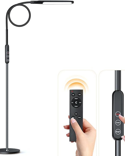 Syrinx LED Floor Lamp, 12W Remote & Touch LED Reading Standing Light for Living Room Bedroom, Flexible Gooseneck Task Light, 5 Color Temperatures, 5 Level Brightness - Black - LeafyLoom