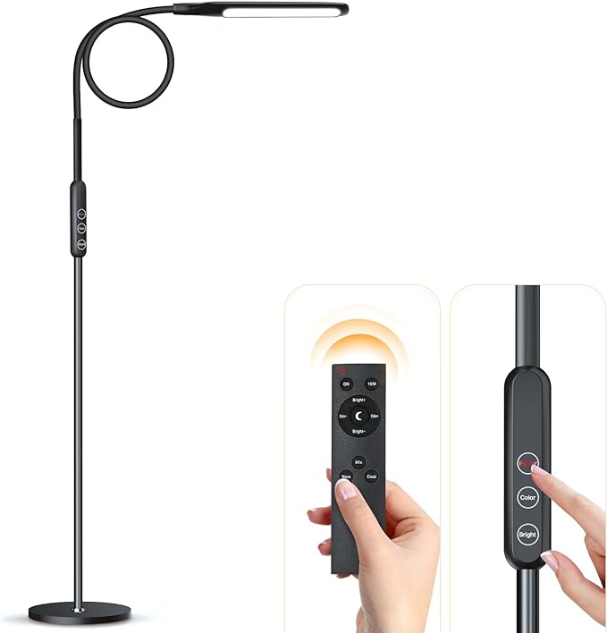Syrinx LED Floor Lamp, 12W Remote & Touch LED Reading Standing Light for Living Room Bedroom, Flexible Gooseneck Task Light, 5 Color Temperatures, 5 Level Brightness - Black - LeafyLoom