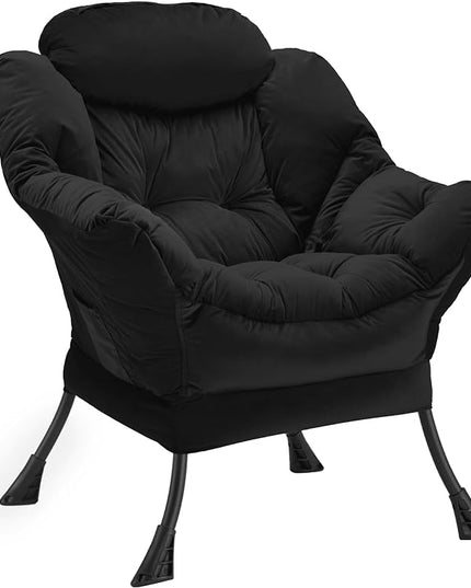 Lazy Chair Thick Padded, Accent Chair Velvet Upholstered with Wide Seat, Stable Metal Frame and Non-Slip Pad, Modern Sofa Armchair with Side Storage Bag for Dorm, Room, Office, Black - LeafyLoom