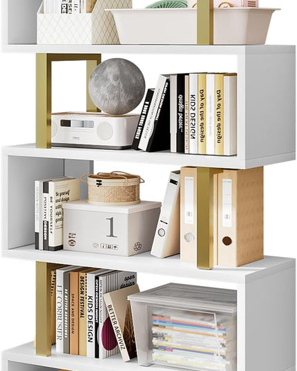 Bookshelf geometric bookcase S Shaped industrial bookshelf Storage Display Stand Shelf for Living Room Bedroom and office Room (White, 5 Tier) - LeafyLoom