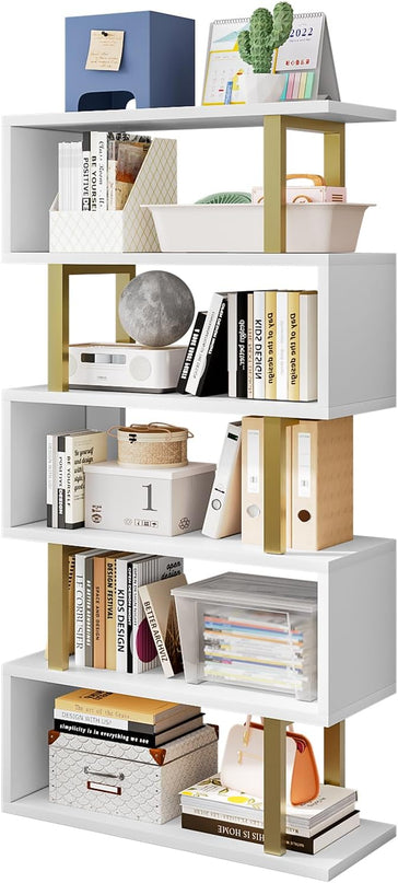 Bookshelf geometric bookcase S Shaped industrial bookshelf Storage Display Stand Shelf for Living Room Bedroom and office Room (White, 5 Tier) - LeafyLoom