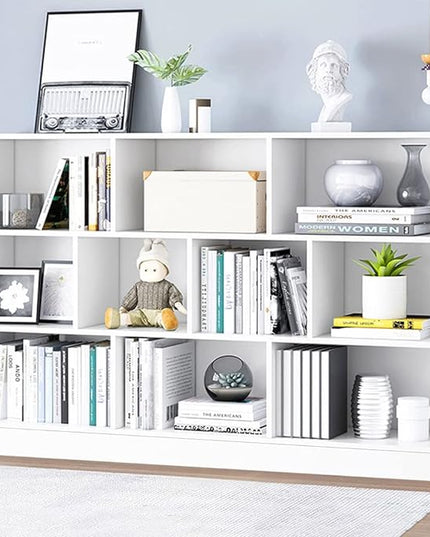 IOTXY Open Shelf Low Bookcase - Wooden 3-Tier Floor Standing Display Cabinet Organizer with Base, 10 Cubes Short Horizontal Bookshelf in Warm White - LeafyLoom
