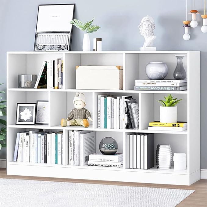 IOTXY Open Shelf Low Bookcase - Wooden 3-Tier Floor Standing Display Cabinet Organizer with Base, 10 Cubes Short Horizontal Bookshelf in Warm White - LeafyLoom