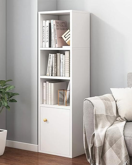 IOTXY Small Narrow Corner Bookcase - 47 Inches Tall Gap Freestanding Storage Cabinet, 4 Lattices Open Shelves Tower Rack with Door, Cubes Bookshelf in White - LeafyLoom