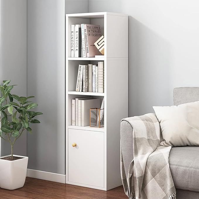 IOTXY Small Narrow Corner Bookcase - 47 Inches Tall Gap Freestanding Storage Cabinet, 4 Lattices Open Shelves Tower Rack with Door, Cubes Bookshelf in White - LeafyLoom