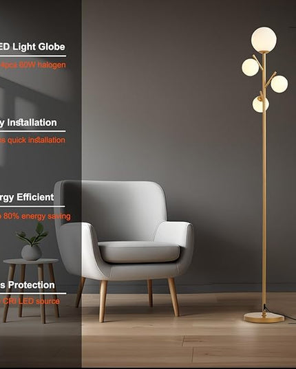 4 Globe Gold Floor Lamp, Modern Sputnik Tree Standing Lamp with Frosted Glass Ball Lampshade & 3000K LED Bulbs, Mid Century Contemporary Tall Lamp for Living Room, Bedroom - Antique Brass - LeafyLoom