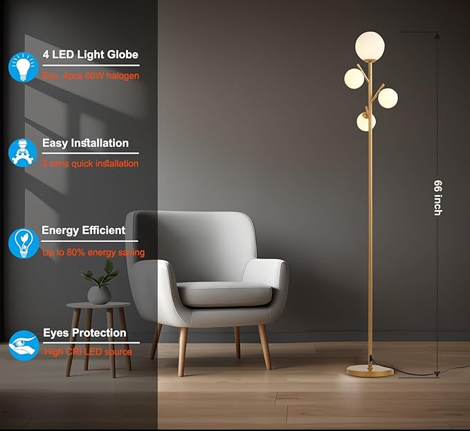 4 Globe Gold Floor Lamp, Modern Sputnik Tree Standing Lamp with Frosted Glass Ball Lampshade & 3000K LED Bulbs, Mid Century Contemporary Tall Lamp for Living Room, Bedroom - Antique Brass - LeafyLoom
