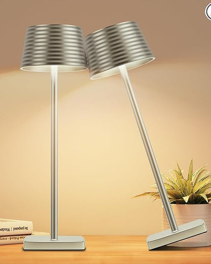 Rechargeable Cordless Table Lamp, Battery 5000mAh Metal Aluminum Housing USB LED Portable Powered Desk Lamp, 3 Levels Brightness Night Light for Restaurants Bars Outdoor (Silver-2pack) - LeafyLoom