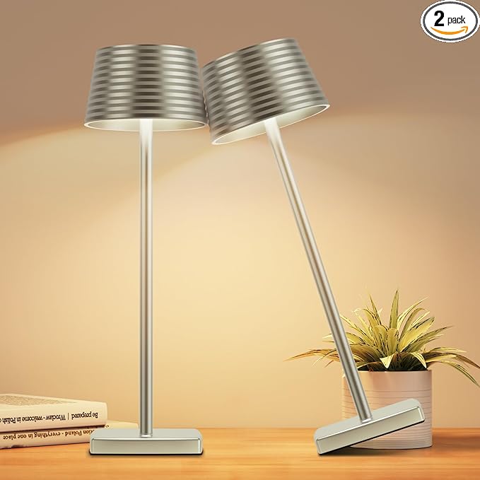 Rechargeable Cordless Table Lamp, Battery 5000mAh Metal Aluminum Housing USB LED Portable Powered Desk Lamp, 3 Levels Brightness Night Light for Restaurants Bars Outdoor (Silver-2pack) - LeafyLoom