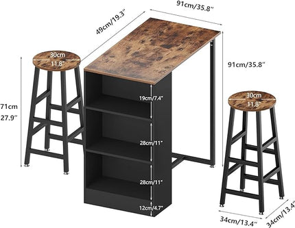 sogesfurniture 3-Piece Bar Table Set, 35.8inches Dining Room Set Dining Table with 2 Stool, Dining Table with 3 Open Storage Shelves for Dining Room, Living Room, Brown - LeafyLoom