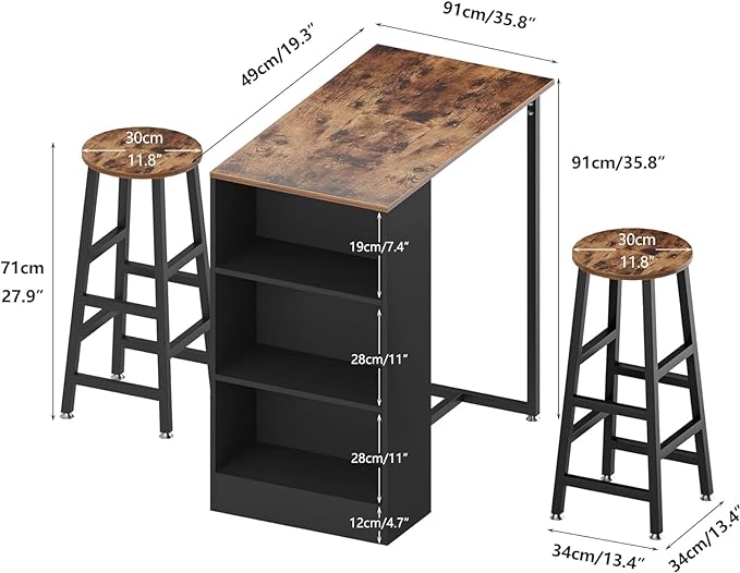 sogesfurniture 3-Piece Bar Table Set, 35.8inches Dining Room Set Dining Table with 2 Stool, Dining Table with 3 Open Storage Shelves for Dining Room, Living Room, Brown - LeafyLoom