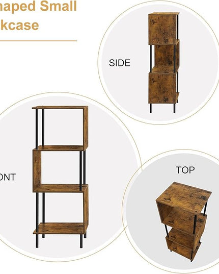 smusei 4 Tier Book Shelf Small Rustic Brown Bookshelf Organizer for Small Spaces S-Shaped Wood Corner Bookcase for Bedroom, Living Room, Study Room and Home Office - LeafyLoom