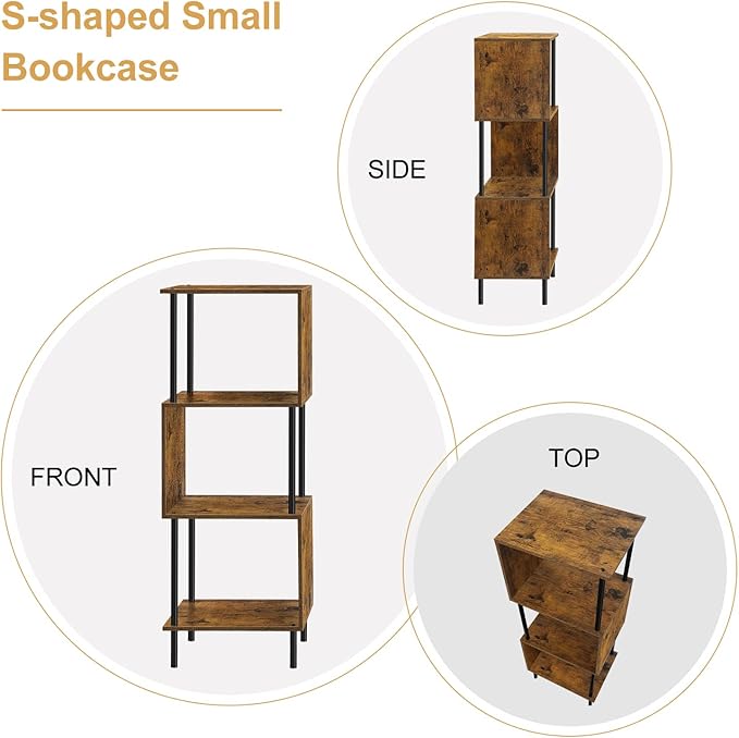 smusei 4 Tier Book Shelf Small Rustic Brown Bookshelf Organizer for Small Spaces S-Shaped Wood Corner Bookcase for Bedroom, Living Room, Study Room and Home Office - LeafyLoom