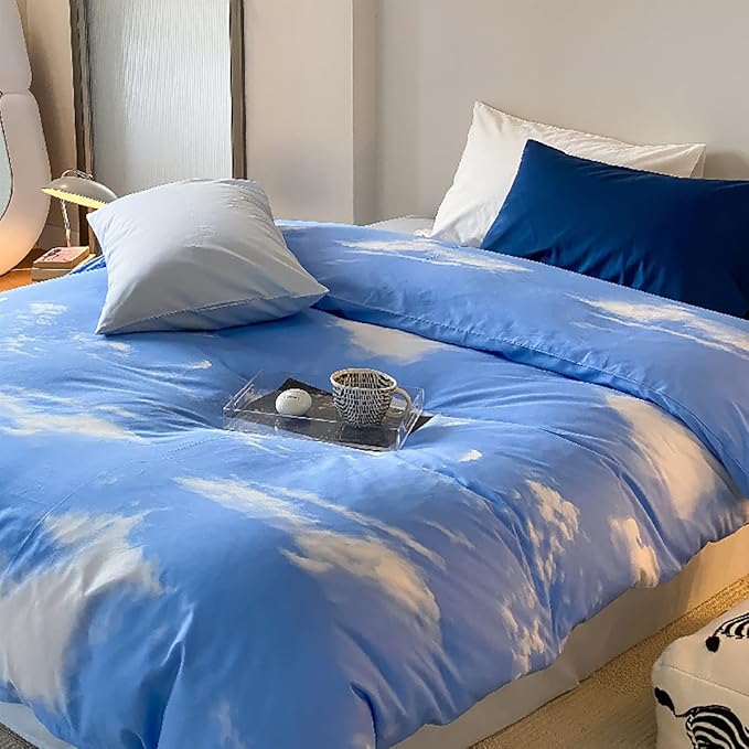Cotton Blue Cloud Comforter Set King Size Sky Blue Comforter Cotton 3 Pieces Soft Light Blue King Comforter Bedding Set Women Solid Blue King Bed Comforter Set for All Season as Gift - LeafyLoom