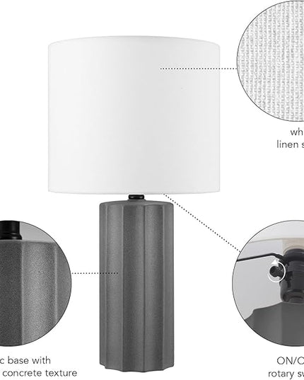 Globe Electric 61000061 20" Ribbed Ceramic Table Lamp, Dark Gray Concrete Finish, White Linen Shade, On/Off Rotary Switch on Socket, for Living Room, Bedroom, Office, Home Décor - LeafyLoom