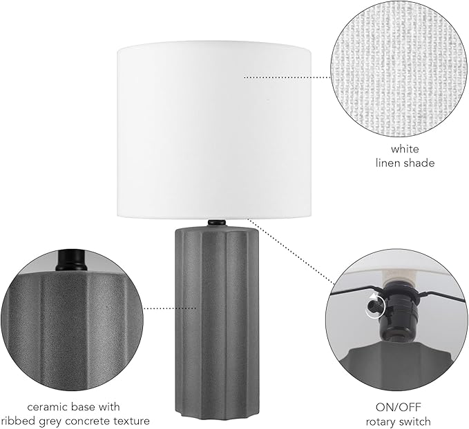Globe Electric 61000061 20" Ribbed Ceramic Table Lamp, Dark Gray Concrete Finish, White Linen Shade, On/Off Rotary Switch on Socket, for Living Room, Bedroom, Office, Home Décor - LeafyLoom