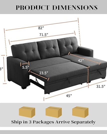 82" L-Shape Convertible Sleeper Sectional Sofa with Storage Chaise,Linen Upholstered Reversible Corner 3 Person Couch for Living Room, Apartment and Office，Dark Gray, 82 Inch - LeafyLoom