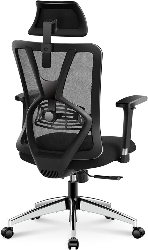 Ticova Ergonomic Office Chair - High Back Desk Chair with Adjustable Lumbar Support & 3D Metal Armrest - 130°Reclining & Rocking Mesh Computer Chair with Thick Seat Cushion & Rotatable Headrest - LeafyLoom