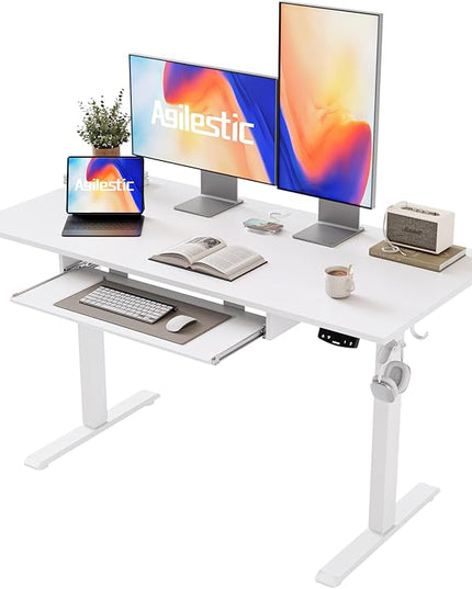 Height Adjustable Desk with Keyboard Tray, 48 x 24 Inches Electric Standing Desk, Stand up Computer Table with Memory Preset, Modern Lift Motorized Gaming Workstation, White - LeafyLoom