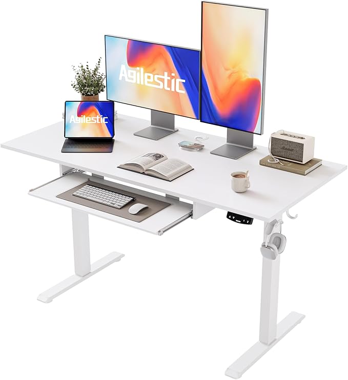 Height Adjustable Desk with Keyboard Tray, 48 x 24 Inches Electric Standing Desk, Stand up Computer Table with Memory Preset, Modern Lift Motorized Gaming Workstation, White - LeafyLoom
