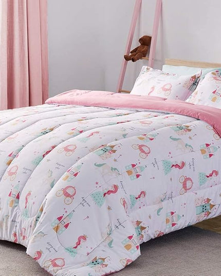 SLEEP ZONE Kids Twin Bedding Comforter Set - Super Cute & Soft Kids Bedding 5 Pieces Set with Comforter, Sheet, Pillowcase & Sham (Princess Castle) - LeafyLoom