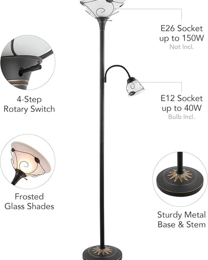 VONLUCE Torchiere Floor Lamp with Side Reading Light, 3-Way Switch Combo Antique Bronze Mother Daughter Floor Lamp with Glass Shade, 71" Desk Floor Lamp for Living Room Corner Bedroom Home Office - LeafyLoom