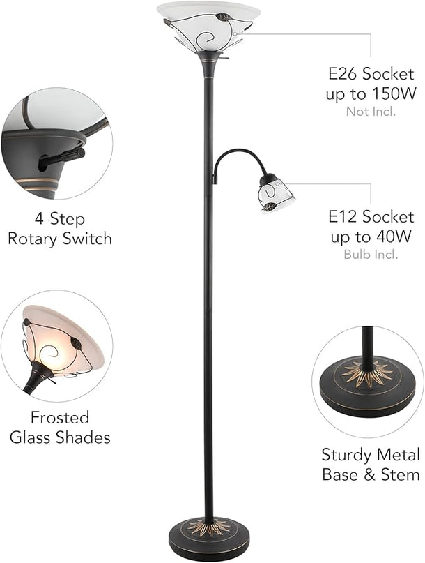 VONLUCE Torchiere Floor Lamp with Side Reading Light, 3-Way Switch Combo Antique Bronze Mother Daughter Floor Lamp with Glass Shade, 71" Desk Floor Lamp for Living Room Corner Bedroom Home Office - LeafyLoom