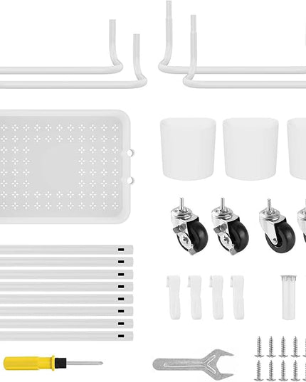 LEHOM 3-Tier Rolling Utility Cart with Hanging Cups & Hooks & Handle, Plastic Art Cart Organizer Storage with Wheels, Easy Assembly for Office, Bedroom, Kitchen, Bathroom, Laundry (White) - LeafyLoom