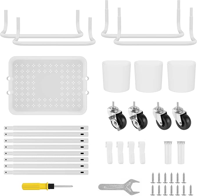 LEHOM 3-Tier Rolling Utility Cart with Hanging Cups & Hooks & Handle, Plastic Art Cart Organizer Storage with Wheels, Easy Assembly for Office, Bedroom, Kitchen, Bathroom, Laundry (White) - LeafyLoom