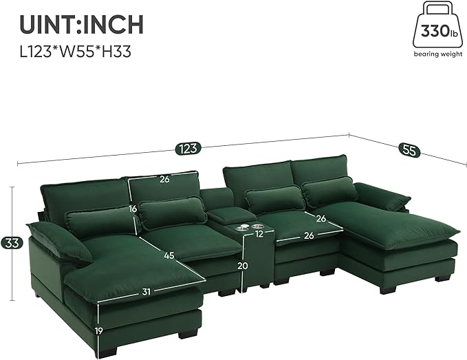 U Shaped Symmetrical Modular Sectional Sofa Cloud Couch with Double Chaise Lounge and Center Console,Cupholders and USB Ports, Deep Seat Upholstered Sleeper Corner Sofa&Couches for Living Room - LeafyLoom