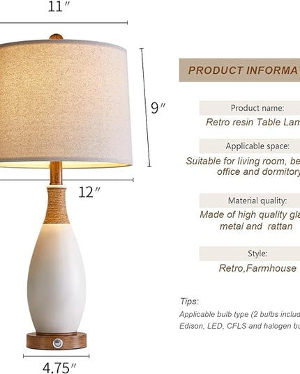 OYEARS 24.5” 3-Way Dimmable Touch Control Bedside Table Lamp Set of 2 with USB and Type-C Charging Ports Modern Farmhouse Nightstand Lamp for Bedroom Living Room (Bulb Included) - LeafyLoom