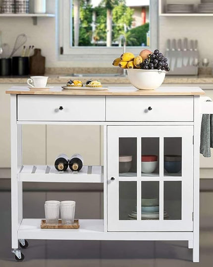 ChooChoo Rolling Kitchen Island, Portable Kitchen Cart Wood Top Kitchen Trolley with Drawers and Glass Door Cabinet, Wine Shelf, Towel Rack, White - LeafyLoom