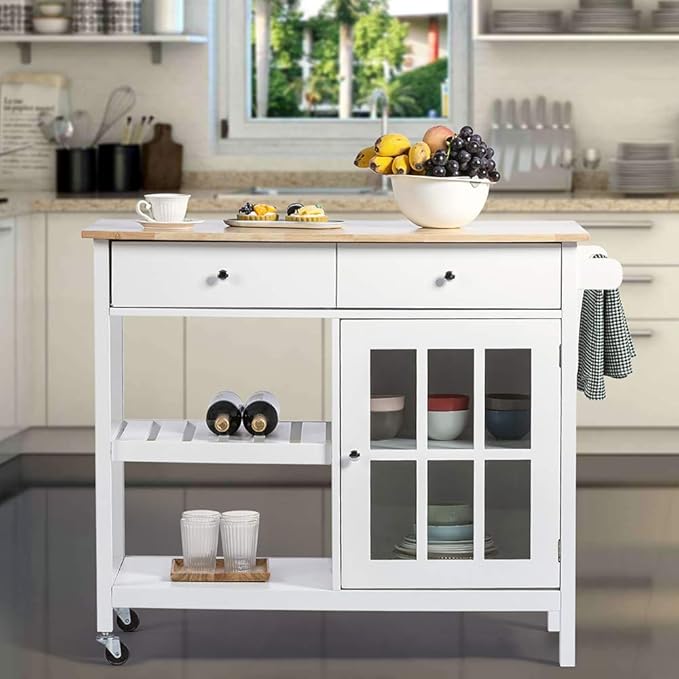 ChooChoo Rolling Kitchen Island, Portable Kitchen Cart Wood Top Kitchen Trolley with Drawers and Glass Door Cabinet, Wine Shelf, Towel Rack, White - LeafyLoom
