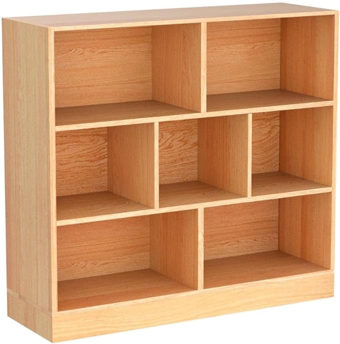 IOTXY Open Shelf Low Bookcase - Wooden 3-Tier Floor Standing Display Cabinet Organizer with Base, 7 Cubes Short Horizontal Bookshelf in Pear Yellow - LeafyLoom