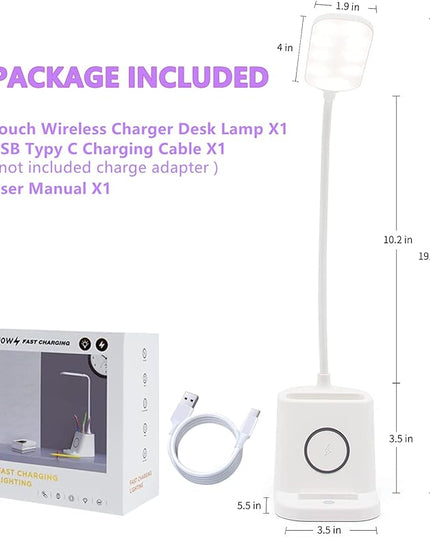 Small Desk Lamp with Wireless Charger, Desk Lights for Home Office - LED, White,Brightness Adjustment, 3 Color Modes,500LM, Study Lamp with Pen Holder， Desktop Study Desk Lamp for College Dorm Room - LeafyLoom