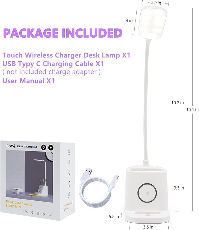 Small Desk Lamp with Wireless Charger, Desk Lights for Home Office - LED, White,Brightness Adjustment, 3 Color Modes,500LM, Study Lamp with Pen Holder， Desktop Study Desk Lamp for College Dorm Room - LeafyLoom