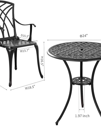 Outdoor 3 Piece Bistro Set Cast Aluminum Bistro Table and Chairs Set of 2, All Weather Bistro Patio Set, Patio Furniture for Garden Black - LeafyLoom