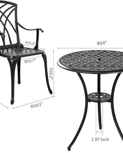 Bistro Set 3 Piece Outdoor,Cast Aluminum Outdoor Bistro Set,All Weather Bistro Table and Chairs Set of 2 with 1.97" Umbrella Hole,Patio Bistro Sets for Garden(Woven Black) - LeafyLoom