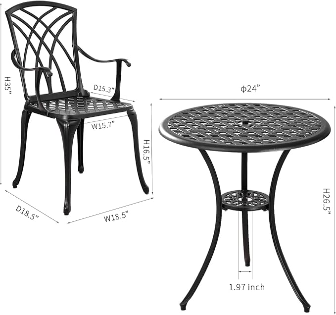 Bistro Set 3 Piece Outdoor,Cast Aluminum Outdoor Bistro Set,All Weather Bistro Table and Chairs Set of 2 with 1.97" Umbrella Hole,Patio Bistro Sets for Garden(Woven Black) - LeafyLoom