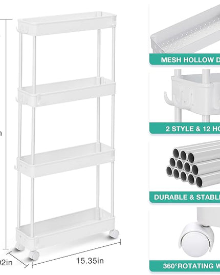 TOOLF Slim Rolling Storage Cart, 4 Tier Bathroom Organizer, Skinny Rolling Utility Cart on Wheels with Hooks, Mobile Shelving Unit Organizer for Kitchen, Bathroom, Laundry, Narrow Places, White - LeafyLoom