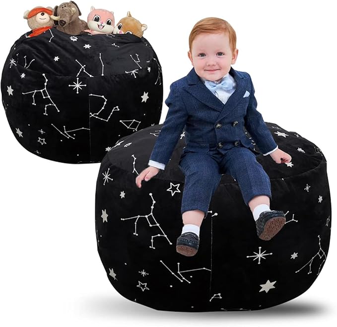 Bean Bag Chair COVER -(NO BEANS) for kids Teens, zipper opening, soft velvet, X-Large (34" Black) - LeafyLoom