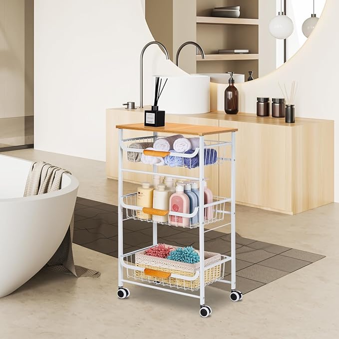 HEOMU 4 Tier Rolling Kitchen Storage Cart, Metal Microwave Stand Kitchen Island Cart on Wheels with Storage for Kitchen, Bathroom, Living Room, Bar, Office, White - LeafyLoom